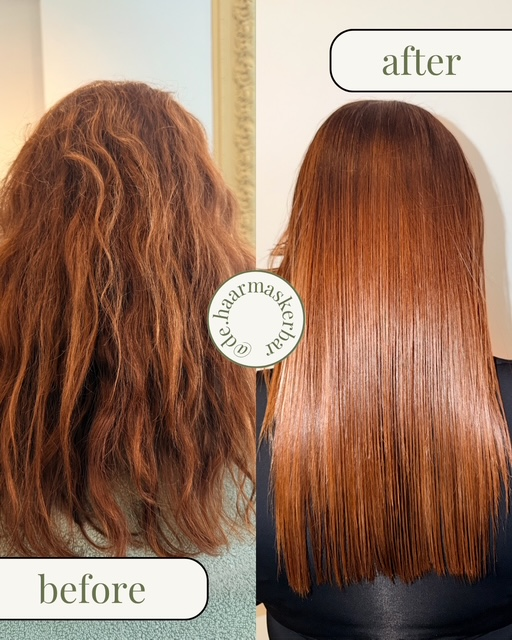 Before en after: pluizig krullend haar wordt zijdezacht en glad