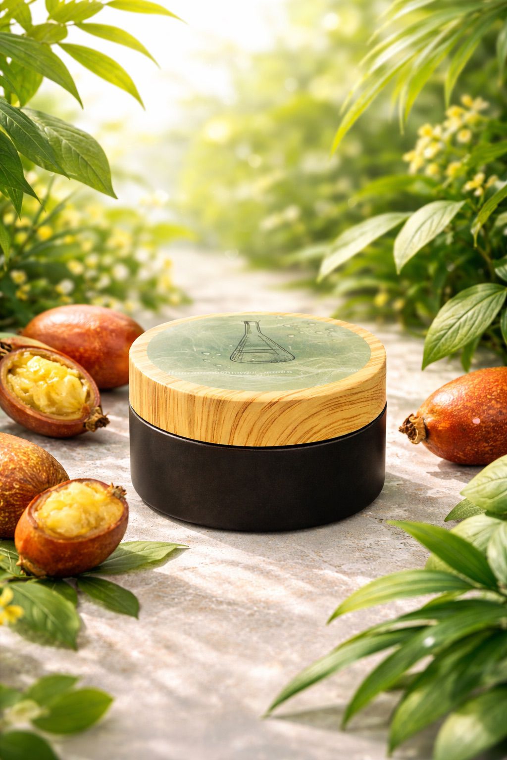Pot batana-olie met houten deksel en groen label