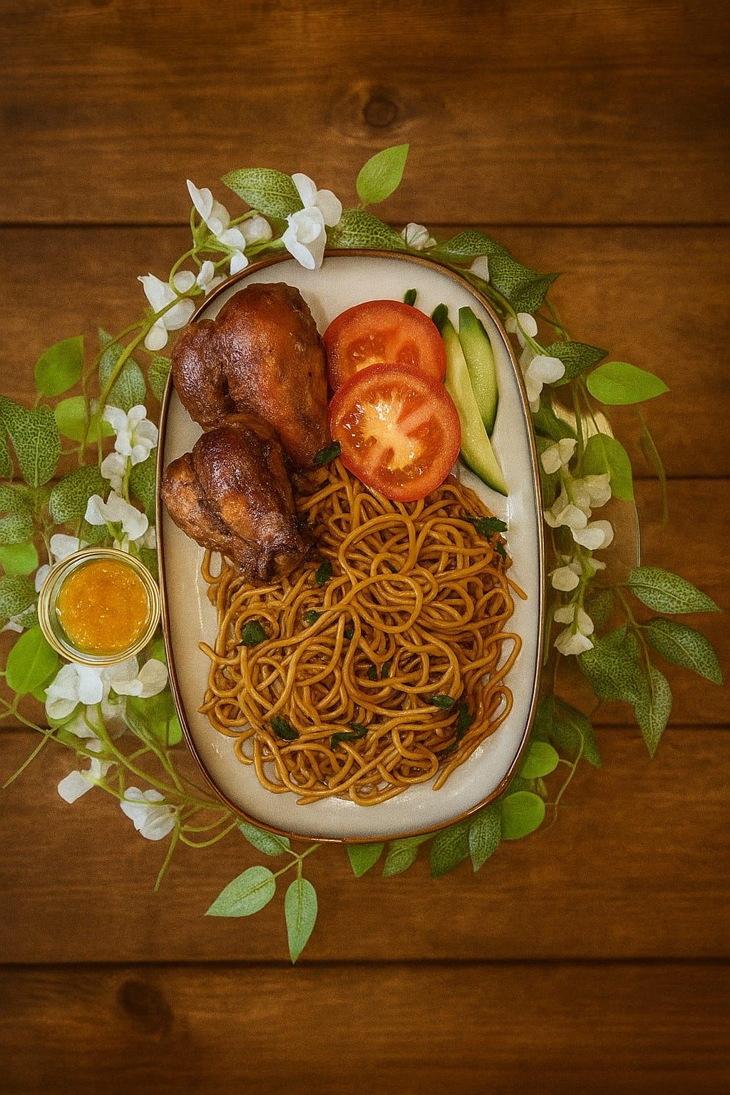 Bami met gebakken kip, tomaat en komkommer